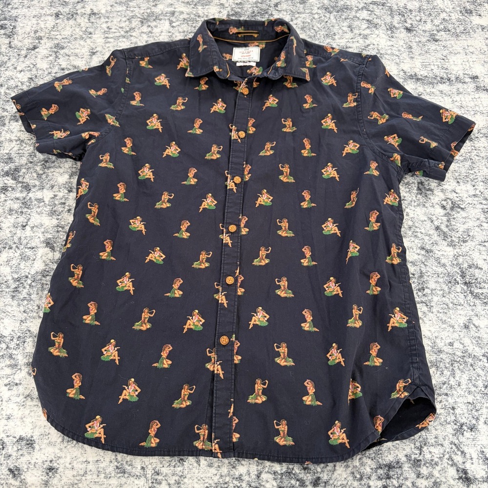 Zipcode Ricky Singh Spring Blooms Shirt‎ Mens Large Navy Blue Hula Girl Slim Fit